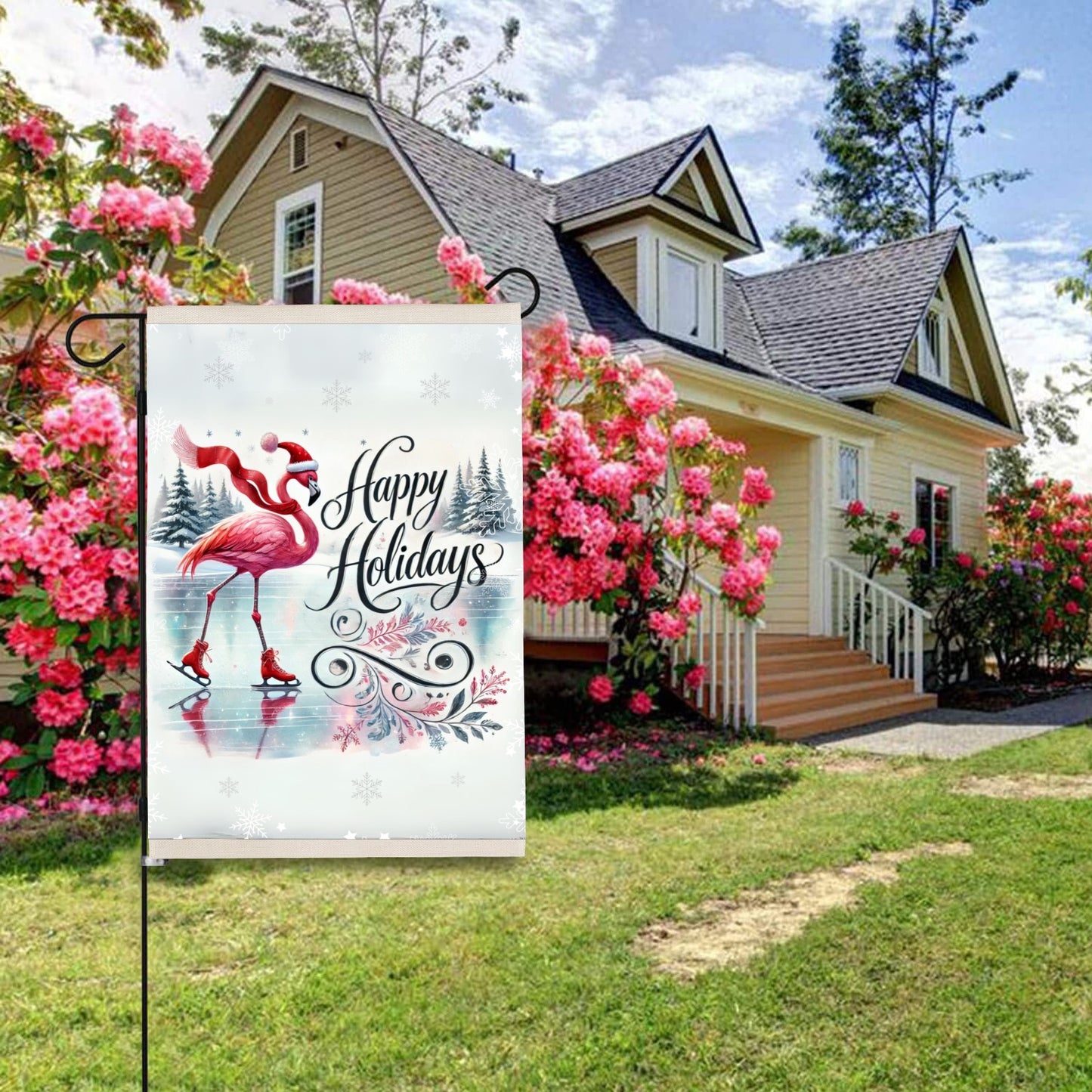 Happy Holidays Flamingo Garden Flag