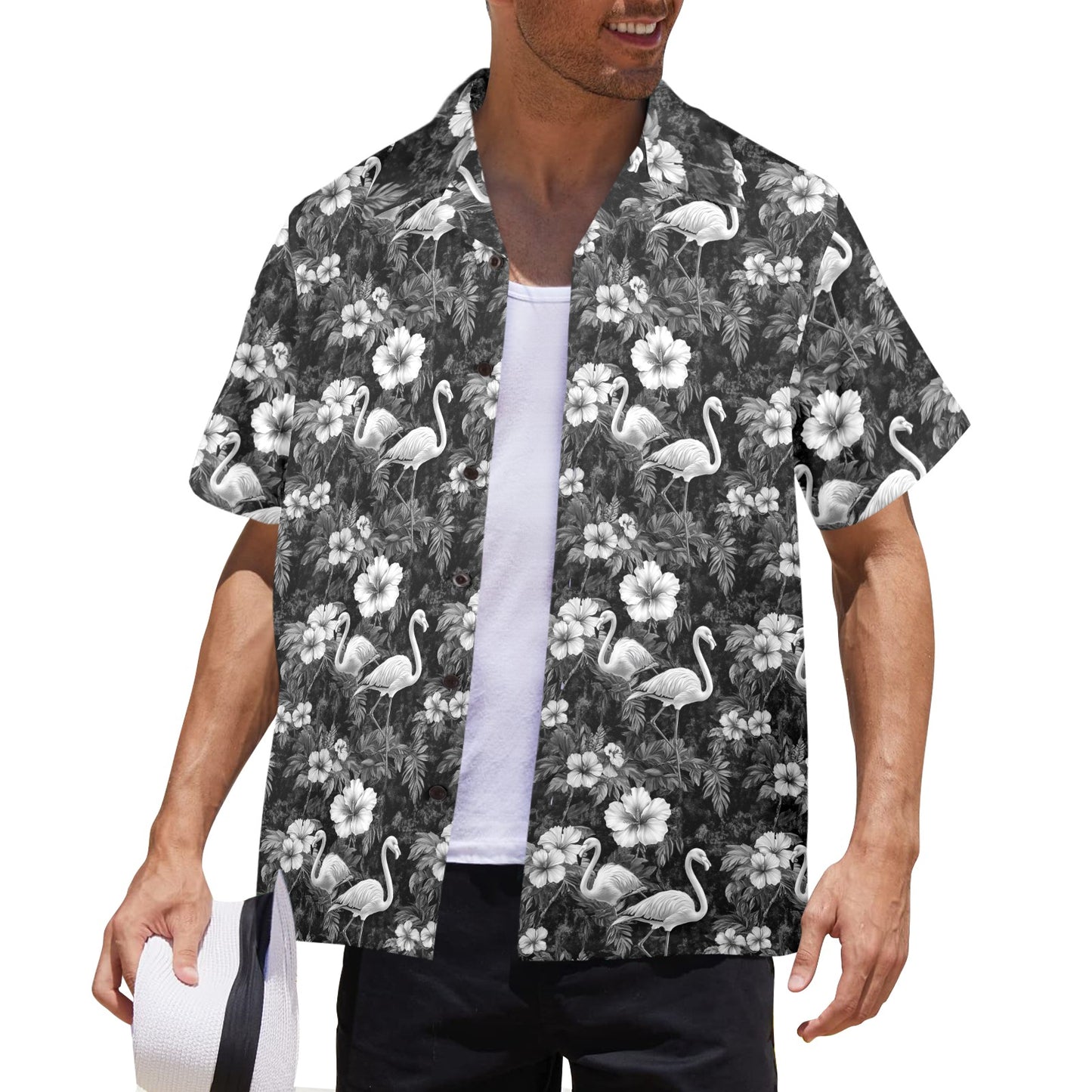 Black and White Flamingo Pattern Men's Hawaiian Shirt