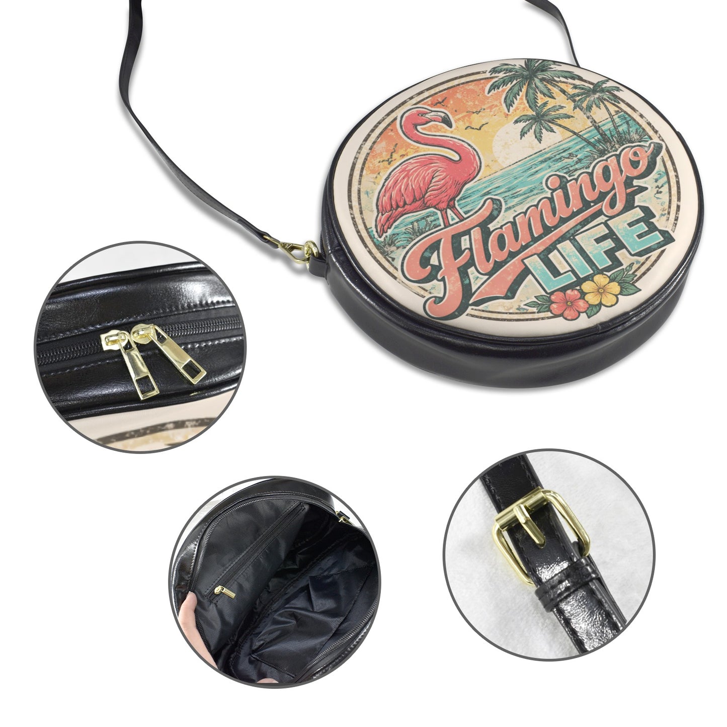 Flamingo Life Retro Round Crossbody Bag
