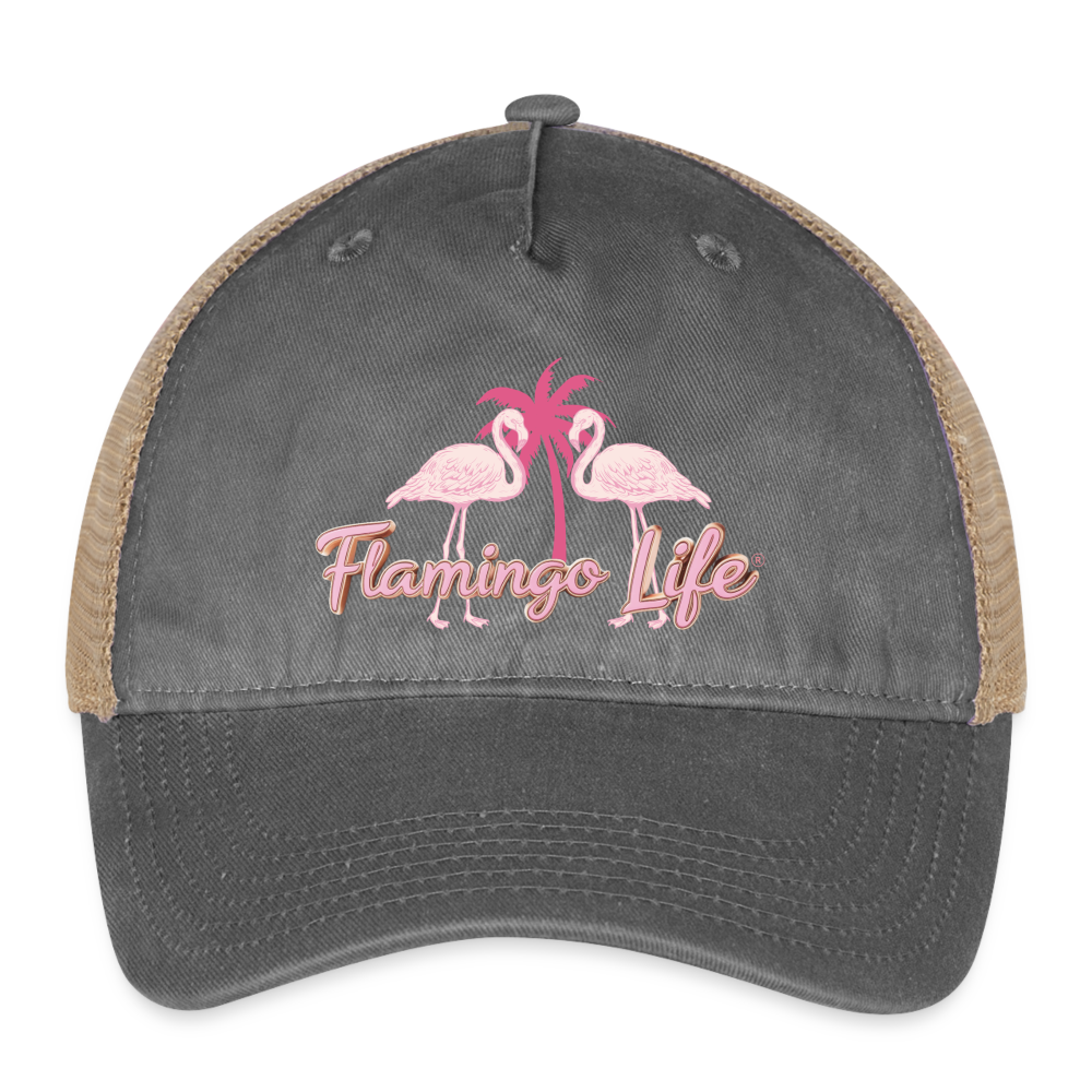 Flamingo Life ® Pigment Dyed Trucker Hat - washed black/beige