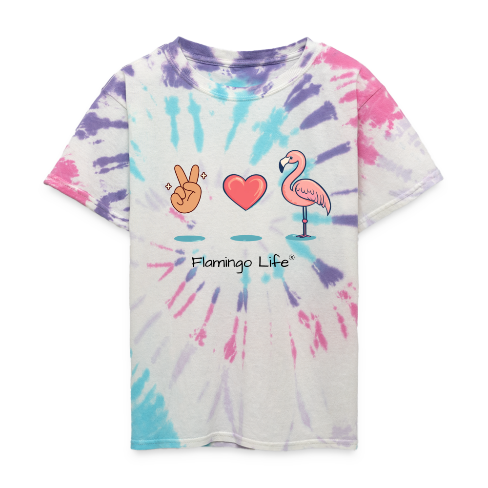 Peace, Love, Flamingo Kid's Tie Dye Flamingo Life T-Shirt - Pastel Spiral