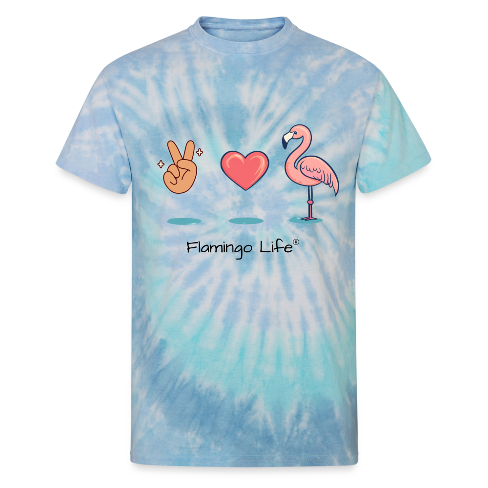 Peace, Love, Flamingo Unisex Tie Dye T-Shirt - blue lagoon