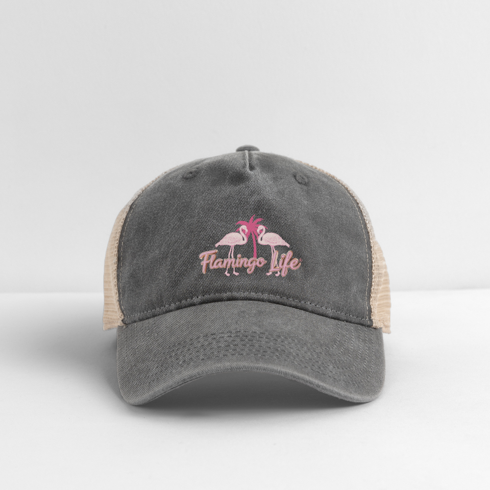 Flamingo Life ® Pigment Dyed Trucker Hat - washed black/beige