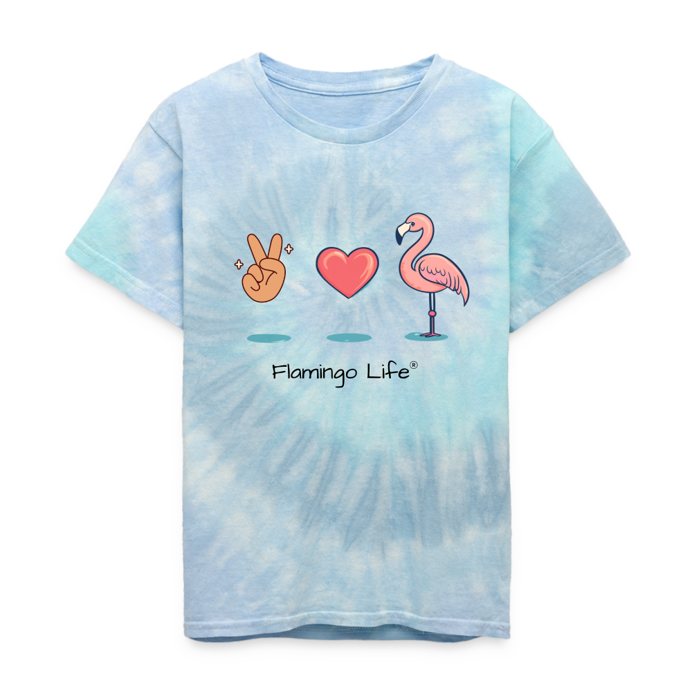 Peace, Love, Flamingo Kid's Tie Dye Flamingo Life T-Shirt - blue lagoon