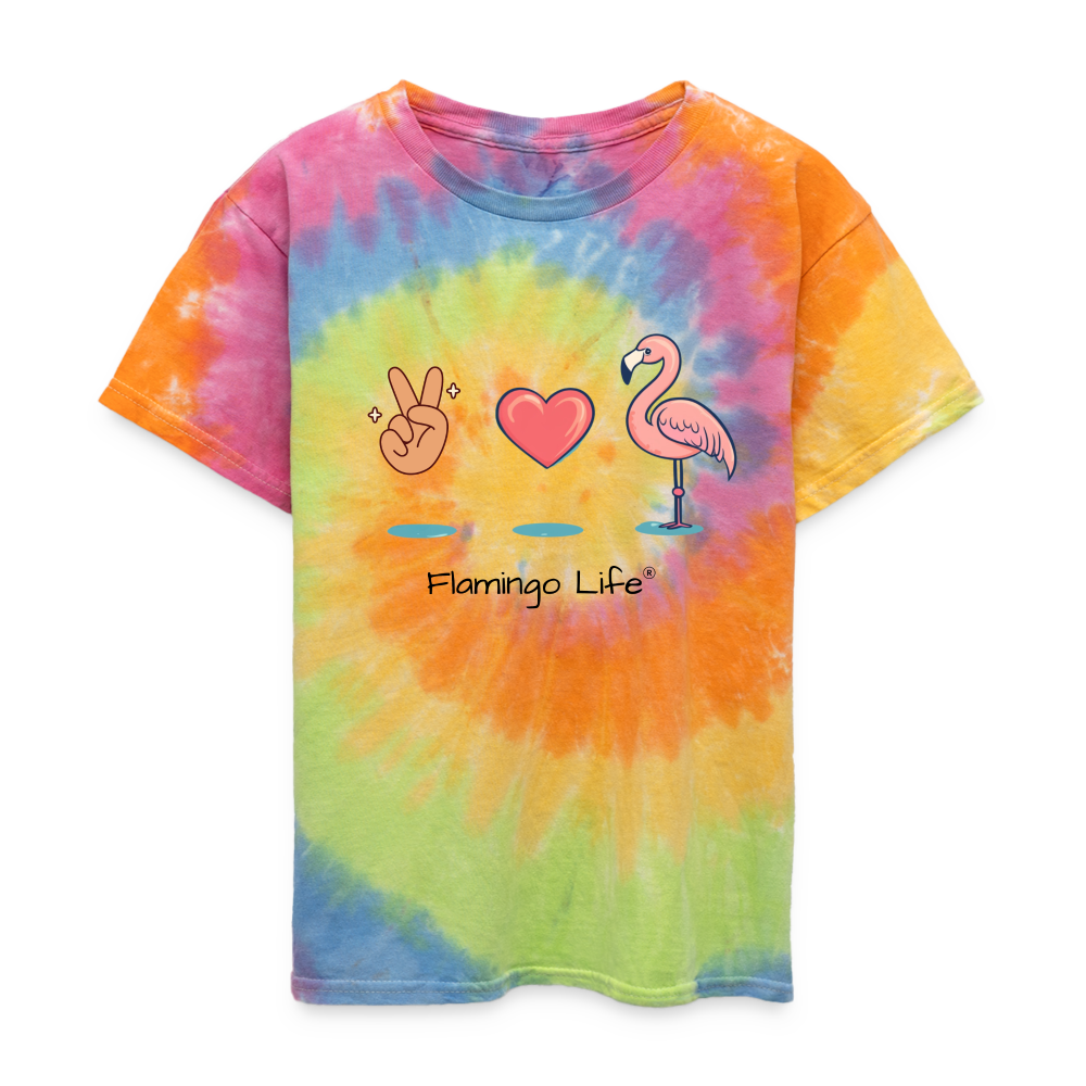 Peace, Love, Flamingo Kid's Tie Dye Flamingo Life T-Shirt - rainbow