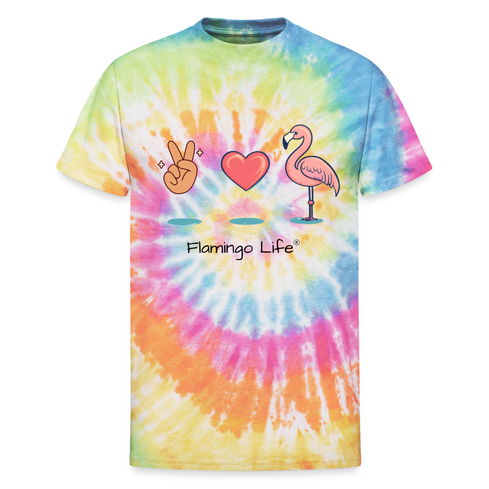 Peace, Love, Flamingo Unisex Tie Dye T-Shirt - rainbow