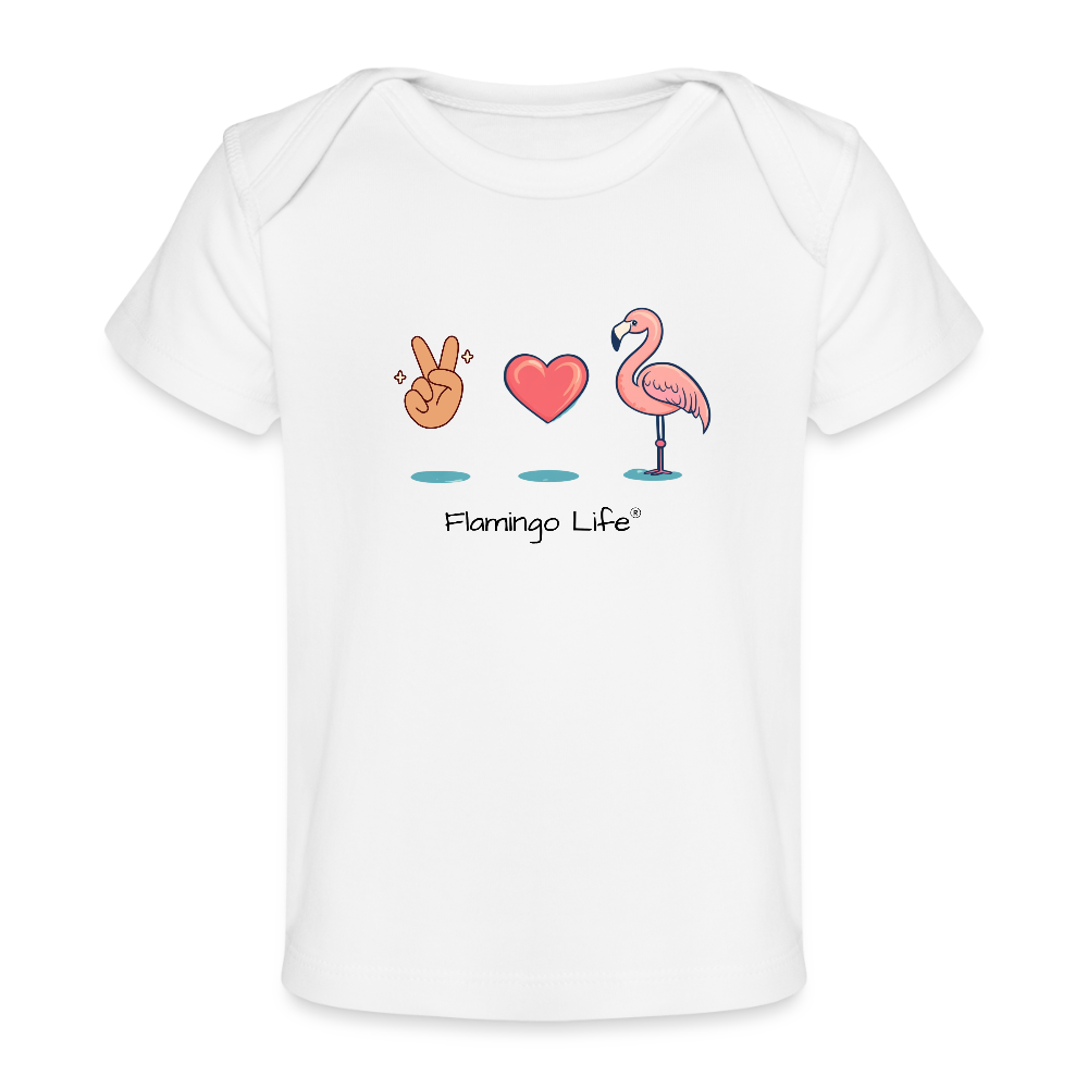 Flamingo Life - Peace, Love, Flamingo - Organic Baby T-Shirt - white