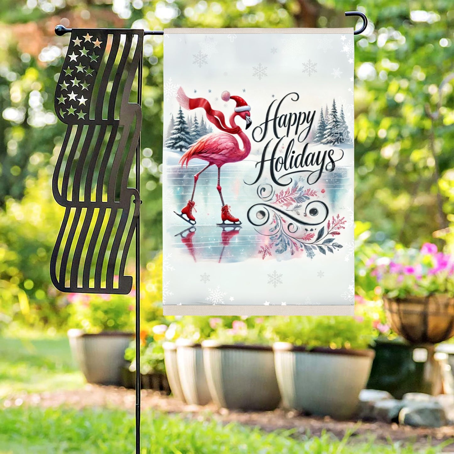 Happy Holidays Flamingo Garden Flag