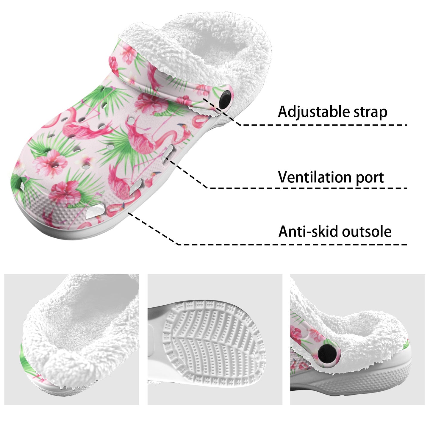 Pretty Pink Flamingos Fleece Lined Adult Unisex Clogs