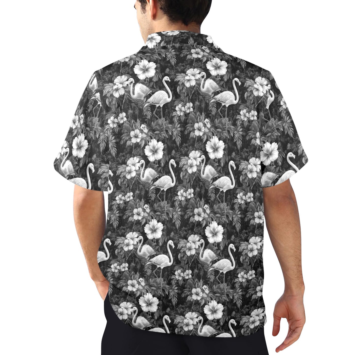 Black and White Flamingo Pattern Men's Hawaiian Shirt