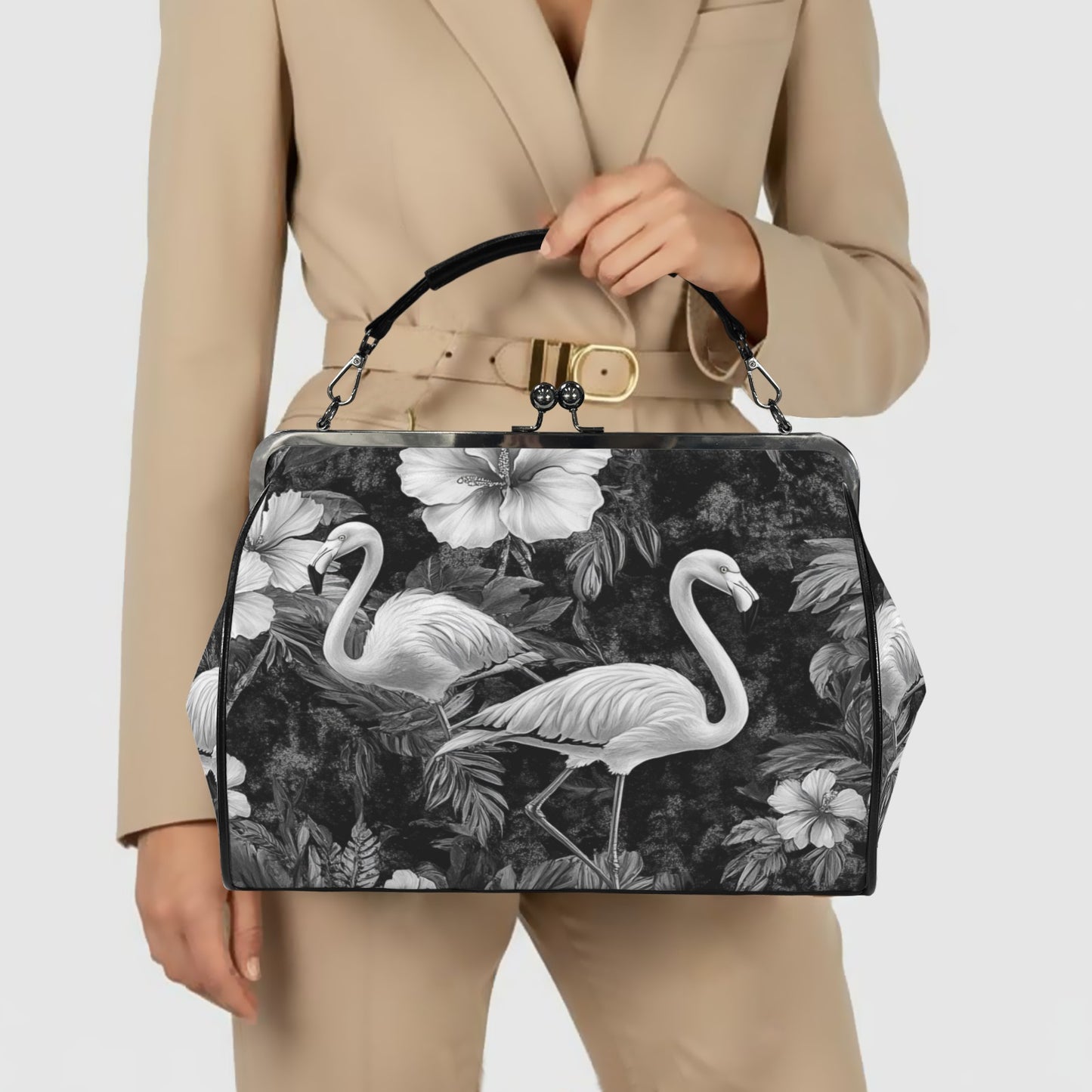 Black and White Flamingos Kisslock Shoulder Bag