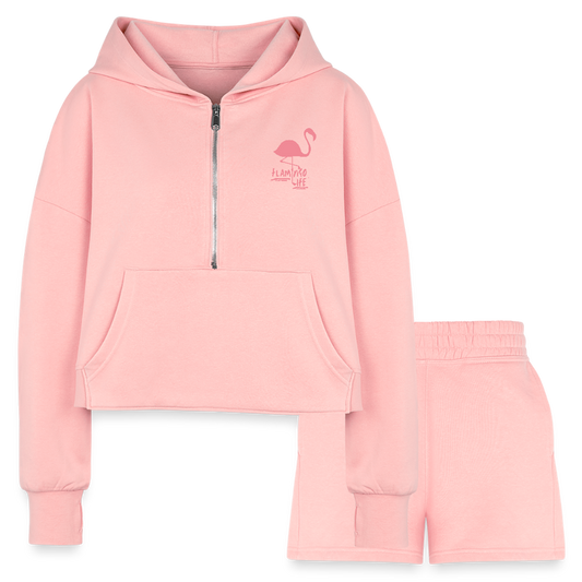 Flamingo Life Women’s Cropped Hoodie & Jogger Short Set - light pink