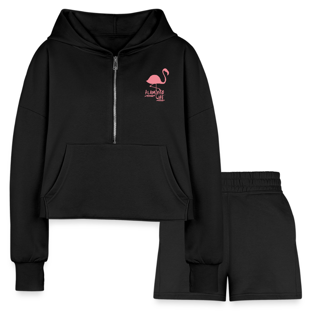 Flamingo Life Women’s Cropped Hoodie & Jogger Short Set - black