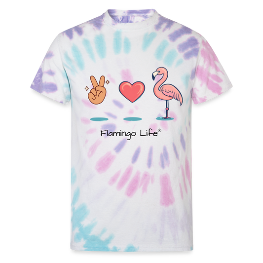 Peace, Love, Flamingo Unisex Tie Dye T-Shirt - Pastel Spiral