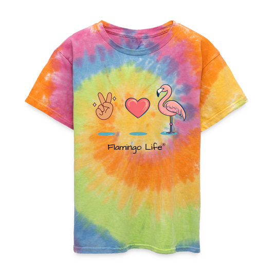 Peace, Love, Flamingo Kid's Tie Dye Flamingo Life T-Shirt - rainbow