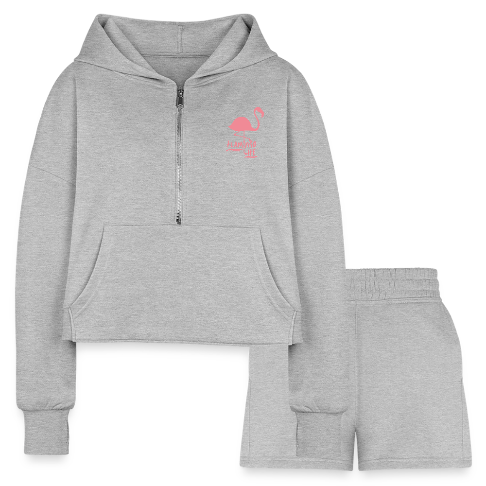 Flamingo Life Women’s Cropped Hoodie & Jogger Short Set - heather gray