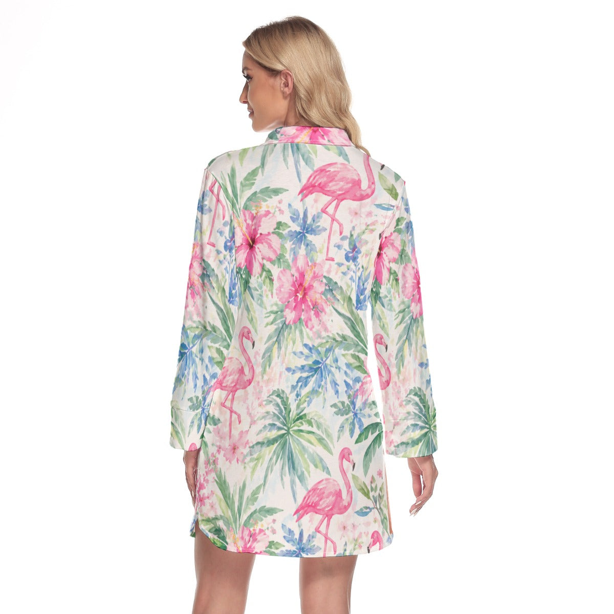 Palm Beach Collection Flamingo Life Women's Lapel Shirt Dress With Long Sleeve