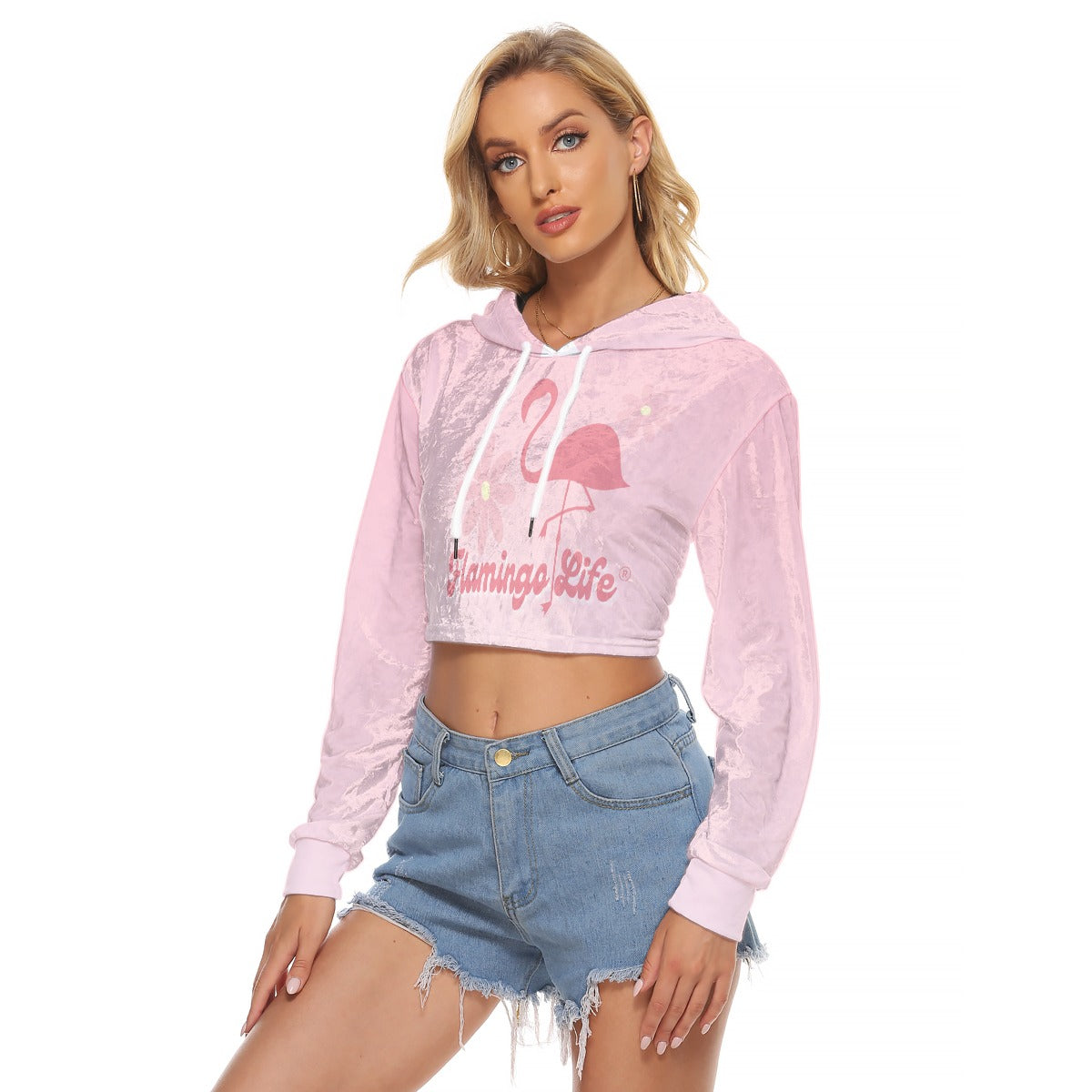 Flamingo Life® Flower Power Pink Gradient Women's Cropped Velvet Hoodie