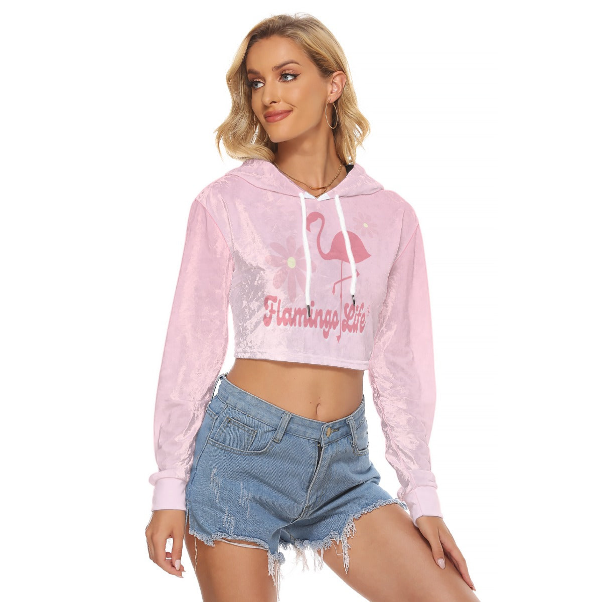 Flamingo Life® Flower Power Pink Gradient Women's Cropped Velvet Hoodie