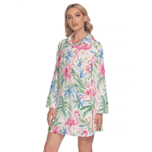 Palm Beach Collection Flamingo Life Women's Lapel Shirt Dress With Long Sleeve