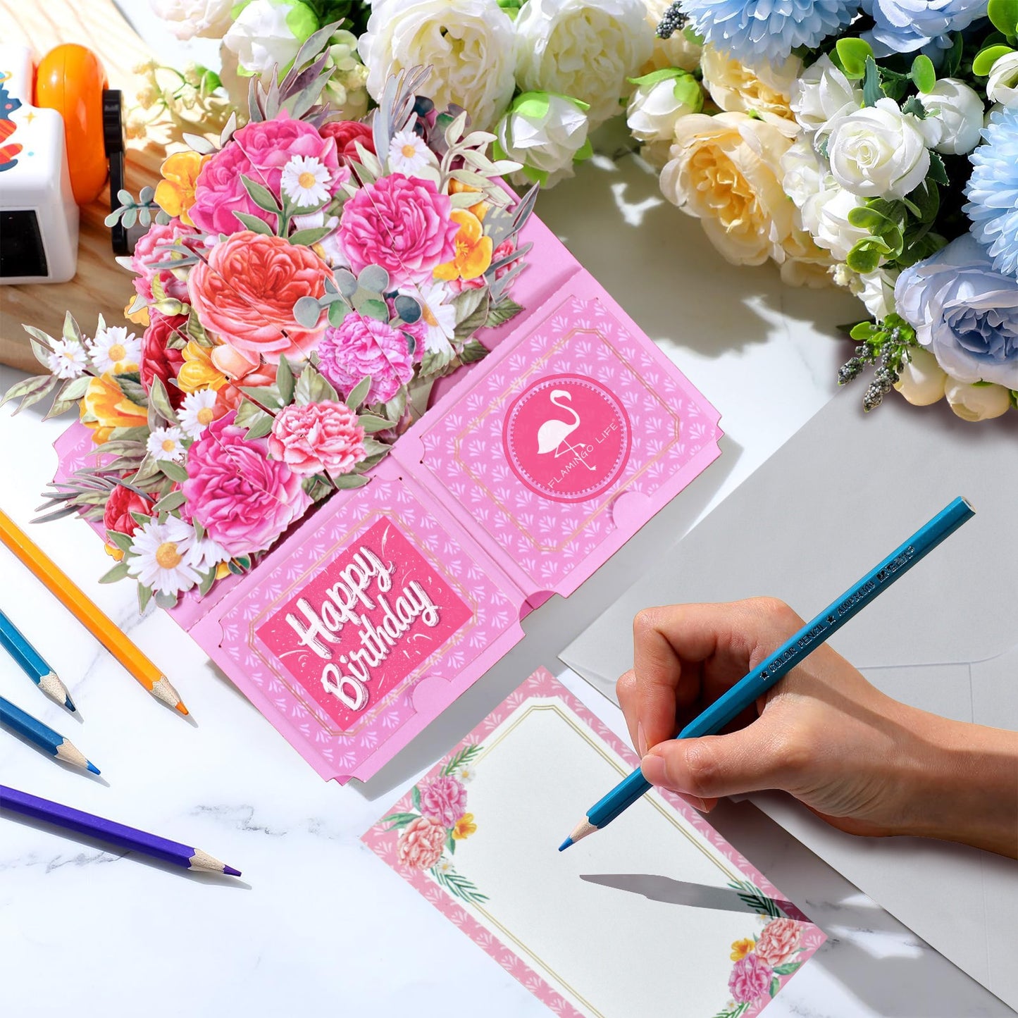 3d Pop Up Floral Box Flamingo Life Greeting Card