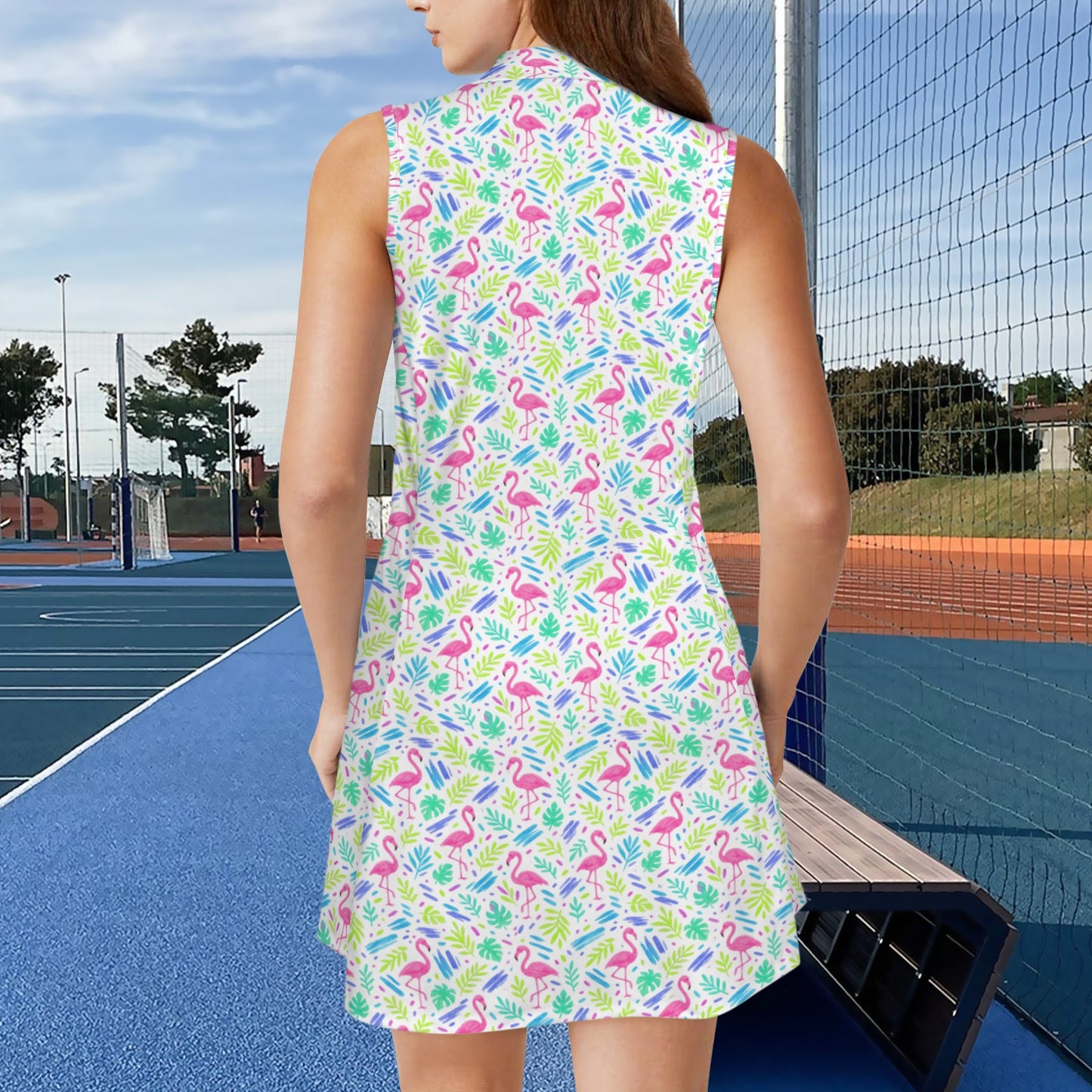 Flamingo Bright Sleeveless Sport Dress with Zipper Pocket & Inner Shorts