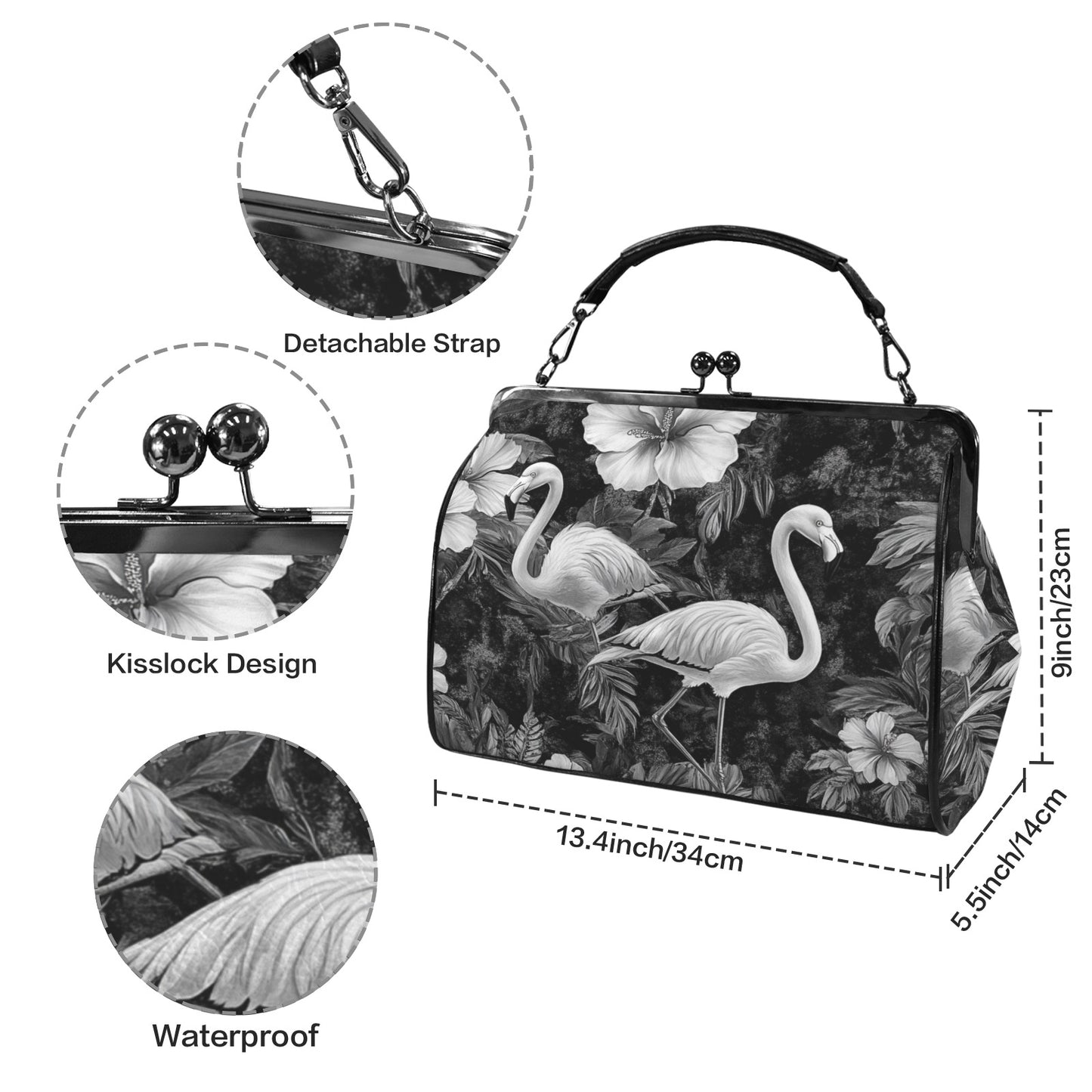 Black and White Flamingos Kisslock Shoulder Bag