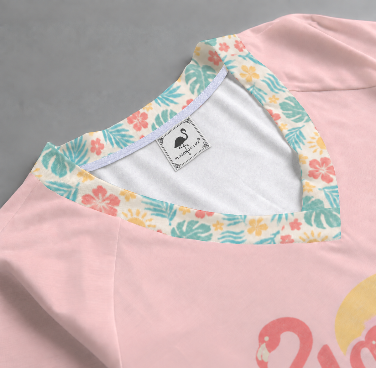 Flamingo Life Tropical-Trim V-Neck Tee