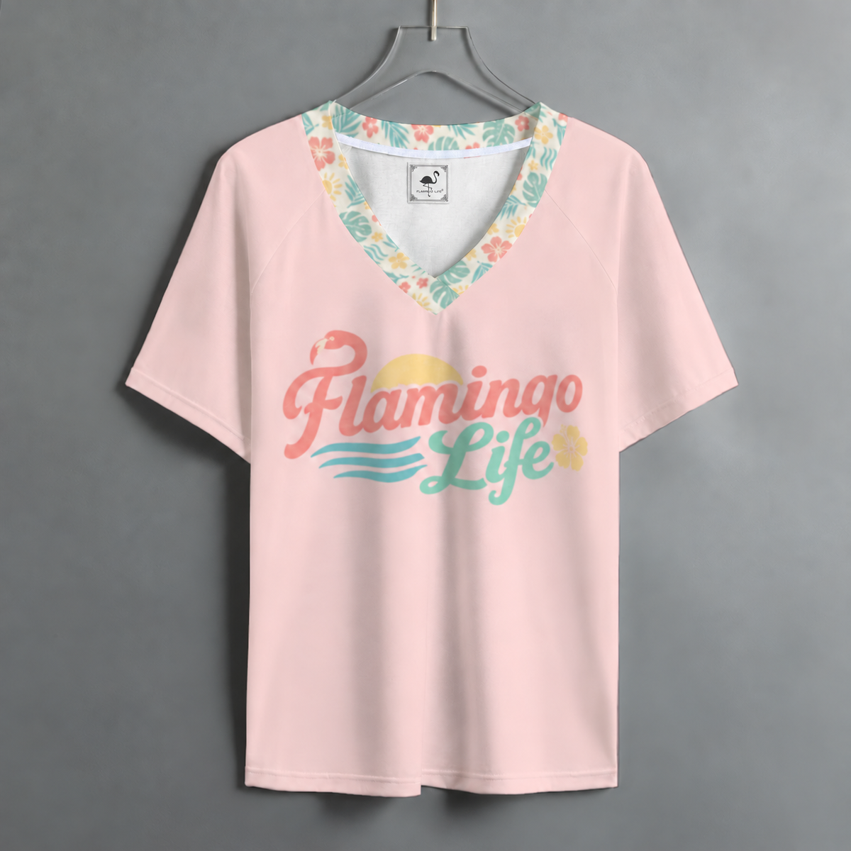 Flamingo Life Tropical-Trim V-Neck Tee