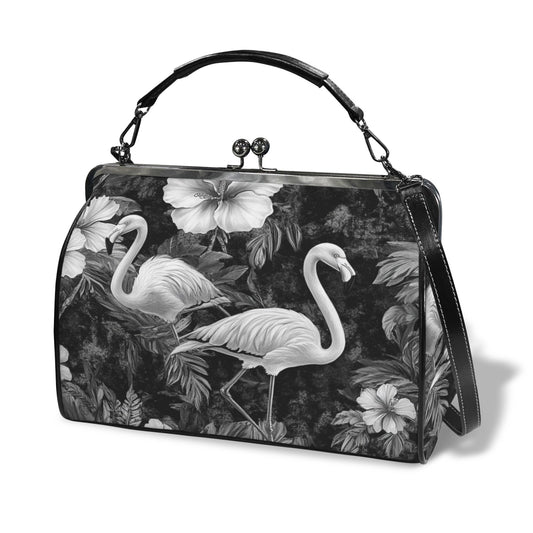 Black and White Flamingos Kisslock Shoulder Bag