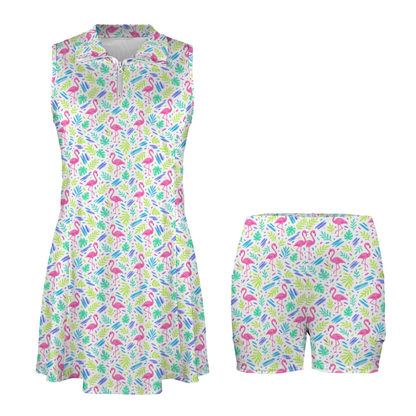Flamingo Bright Sleeveless Sport Dress with Zipper Pocket & Inner Shorts