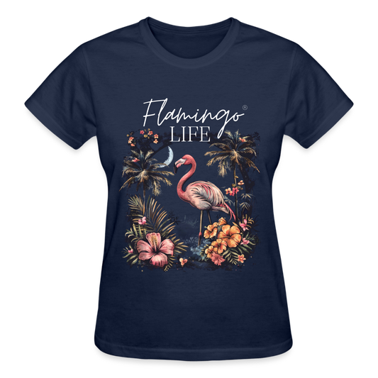 Flamingo Life® Floral Ladies T-Shirt - navy